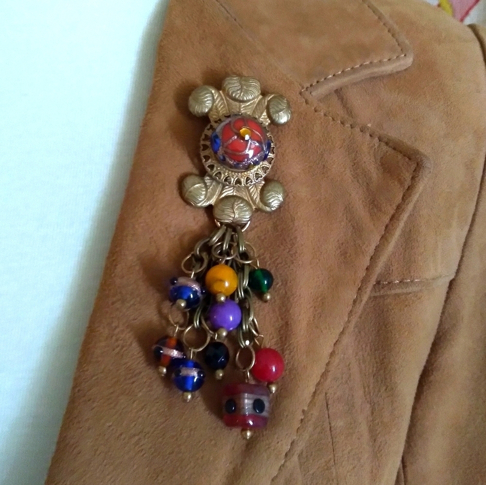 Vintage Gold Tone Art Glass Dangle Brooch Multi Color Bead Tassel‎ Statement Pin